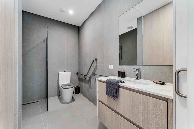 Accessible bathroom with grab rails and open shower