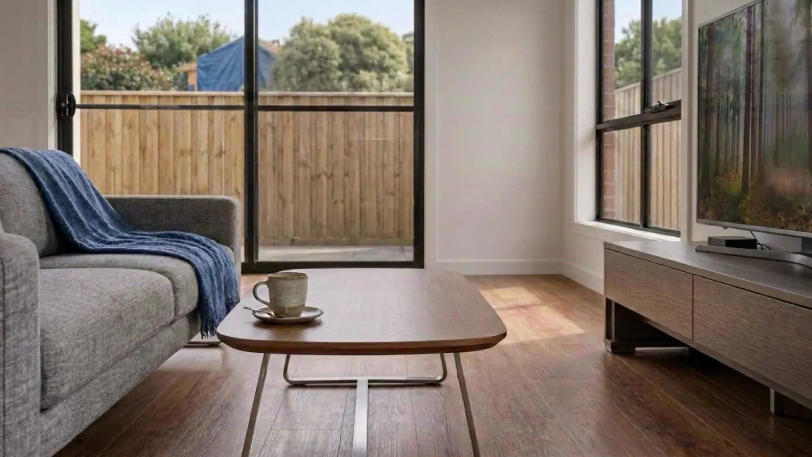 Living area with a sofa, coffee table and a large window looking onto the courtyard